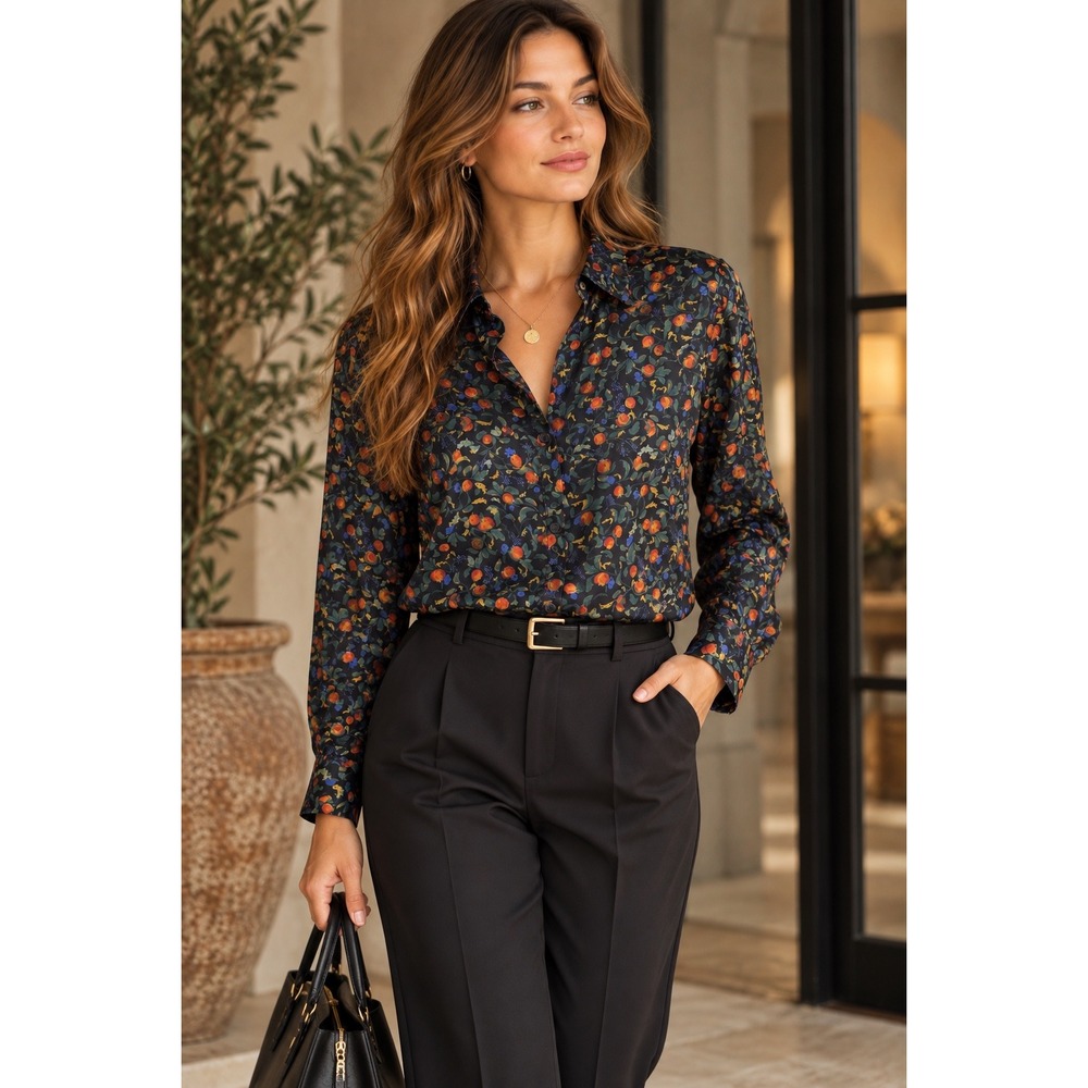 Elie Tahari Pomegranate Floral Blouse Navy Blue Satin Button Down Size Medium